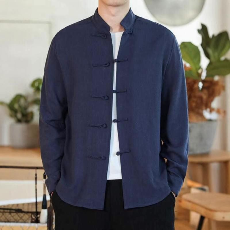 シャツ 男性用 レトロ チャイナ風 唐装 居士服 長袖 ビッグシルエット 切り替え 中華風 ゆったり