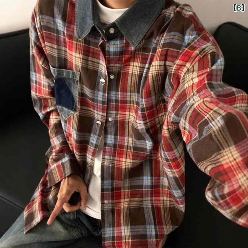 シャツ メンズ 春秋 格子柄 トップス 切り替え デニム襟 長袖 アメカジ ペアルック イエロー系