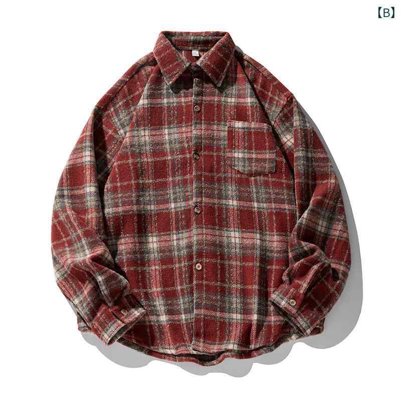 シャツ 男性用 春物 長袖 襟付き チェック柄 レトロ オーバーサイズ ゆったり アウター 羽織り
