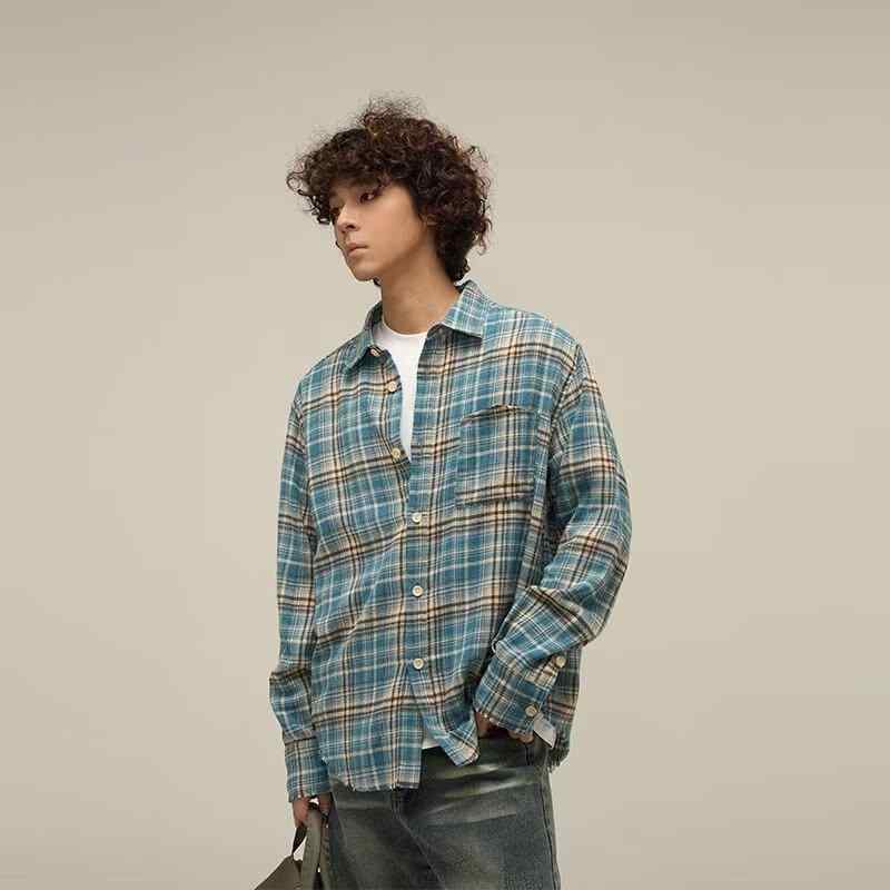 シャツ 男性用 長袖 トップス チェック柄 レトロ シティーボーイ風 快適 普段使い リラックス 伸縮性