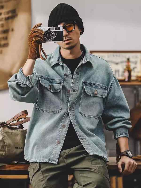 シャツ 男性用 長袖 デニム 春物 接触冷感 ワークシャツ ゆったり ジャケット アウター