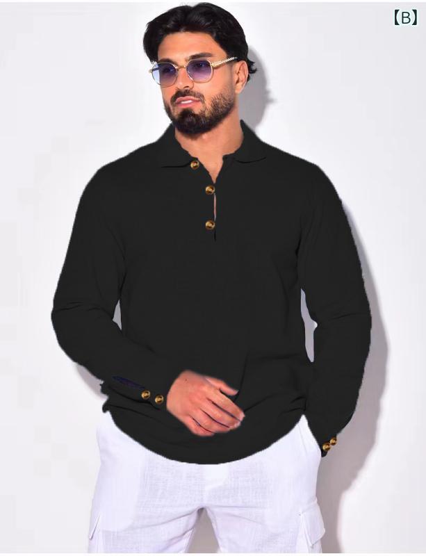 シャツ 男性用 コットン リネン カジュアル ゆったり 長袖 ポロシャツ トップス