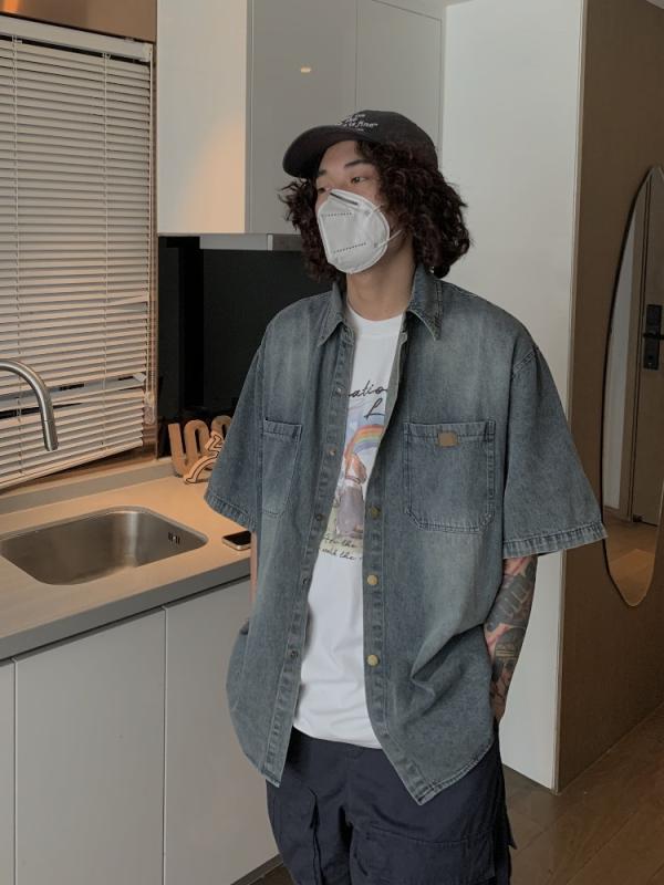 Other - シャツ 男性用 半袖 デニム ウォッシュ加工 レトロ トップス ゆったり 普段使い