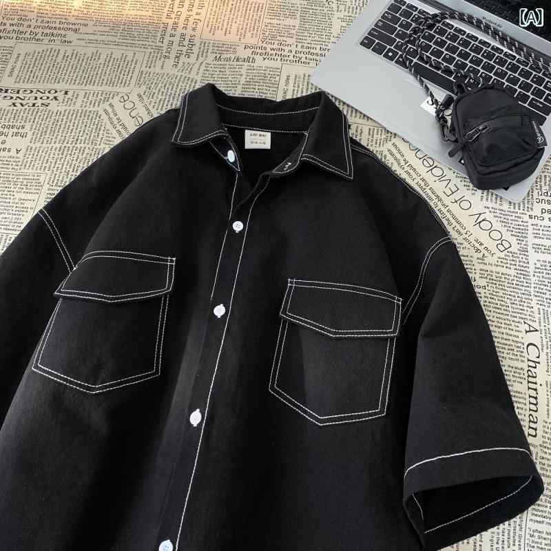 Long-Sleeve （Shape Holding） - シャツ メンズ 半袖 レトロ トップス 小众设计感 潮流 カジュアルシャツ