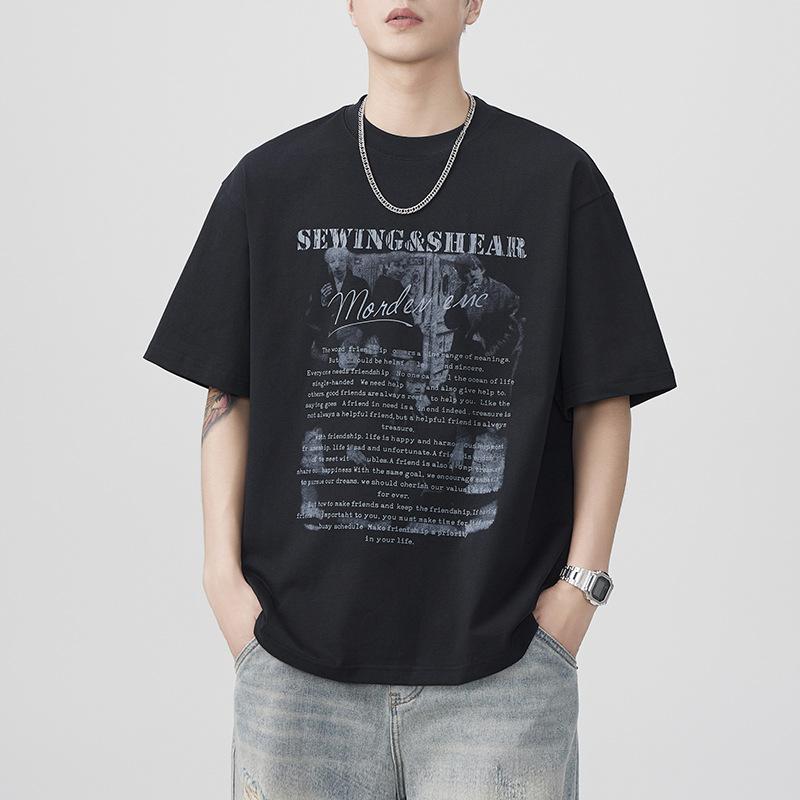 Tシャツ 男性用 半袖 綿 トップス 夏 ゆったり ブラック アメカジ ストリート プリント