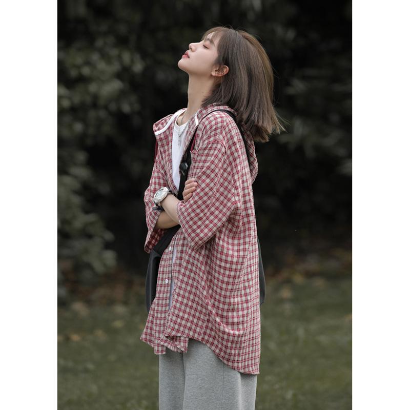 男长袖西装衬衫 - シャツ メンズ 男性用 半袖 チェック柄 オーバーサイズ フード付き 七分袖 カジュアル アメカジ ストリート