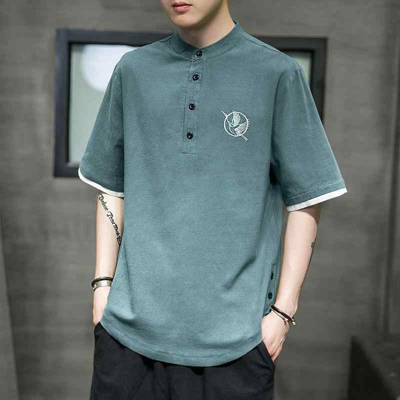 Tシャツ メンズ 男性用 半袖 墨グリーン チャイナ風 トップス カットソー 綿麻 春夏 普段使い