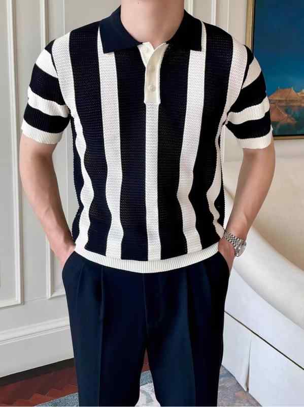 ニット メンズ 半袖 ストライプ 通気性 切り替え 夏ニット Tシャツ 男性用 軽量 豪華感 スリム