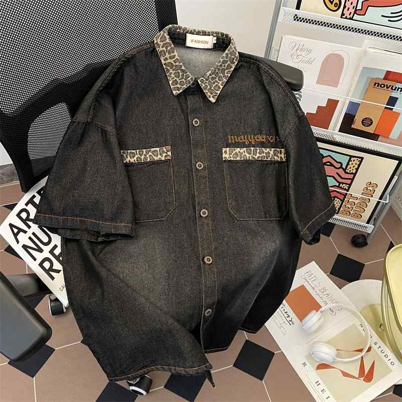 シャツ 男性用 女性用 ヒョウ柄 襟付き デニム 半袖シャツ 欧美風 ゆったり カジュアル ダメージ加工