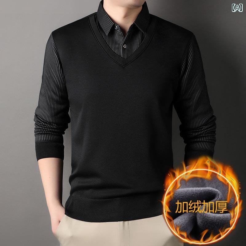 シャツ メンズ 秋冬 長袖 Tシャツ 裏起毛 ニット フェイクレイヤード ストライプ カジュアル トップス あったか 防寒