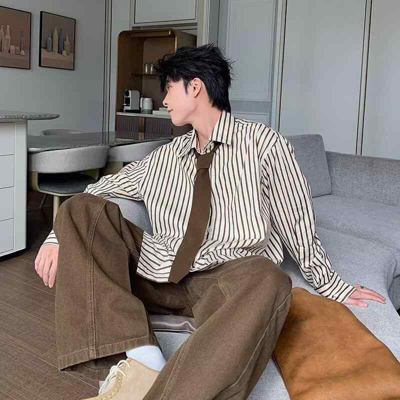 シャツ メンズ 男性用 トップス 春秋 長袖 ストライプ柄 学院風 ゆったり 早秋 カジュアル