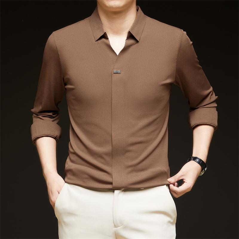 Rakuten - Tシャツ メンズ 男性用 長袖 トップス 春秋 襟付き 上着 中若者 普段使い カジュアル 無地 スタイリッシュ