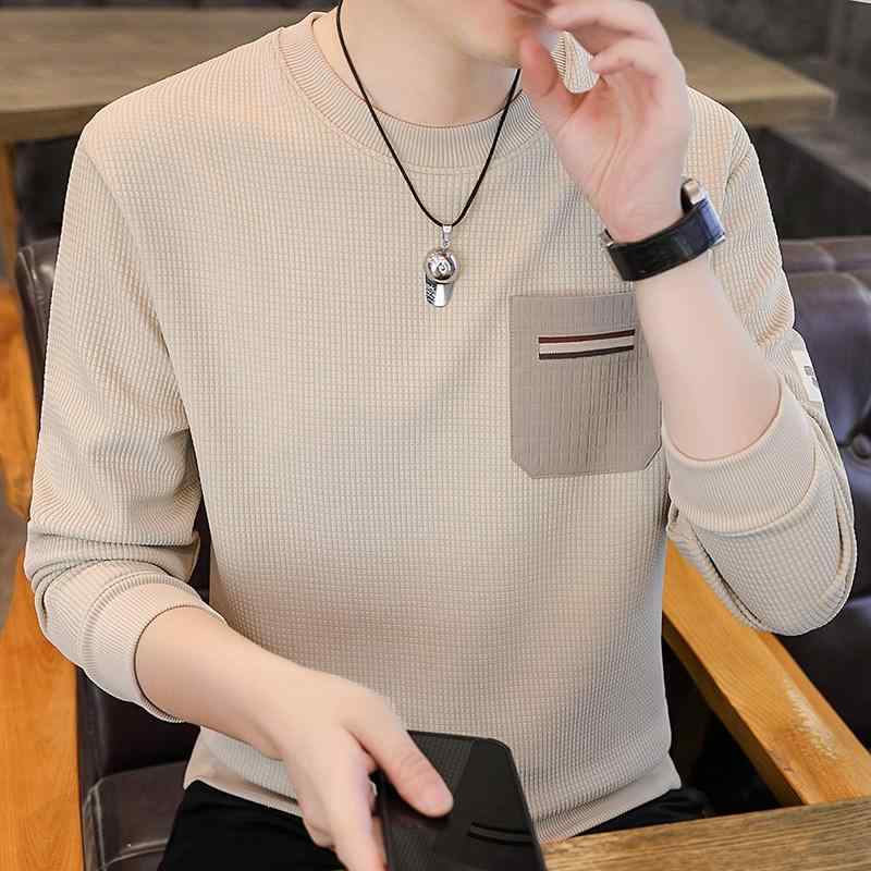 Tシャツ メンズ 男性用 長袖 春秋 宽松 ワッフル生地 スウェット 個性的な胸ポケット付き 丸首 インナー