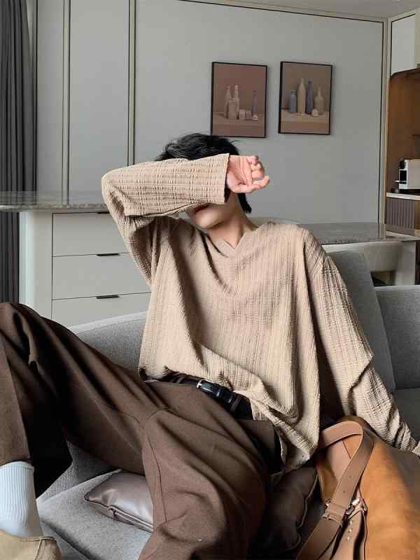 Tシャツ メンズ 男性用 Vネック 長袖 トップス カットソー ゆる感 快適 免烫 シンプル 春秋