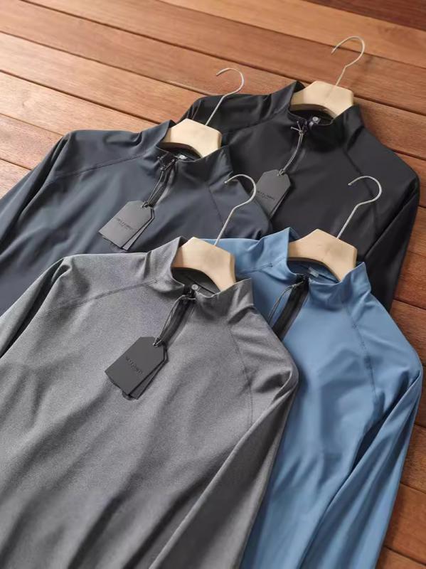 Tシャツ 男性用 春物 アウトドア 透湿性 ストレッチ ハーフジップ スタンドカラー 長袖 トップス スポーティー 普段使い