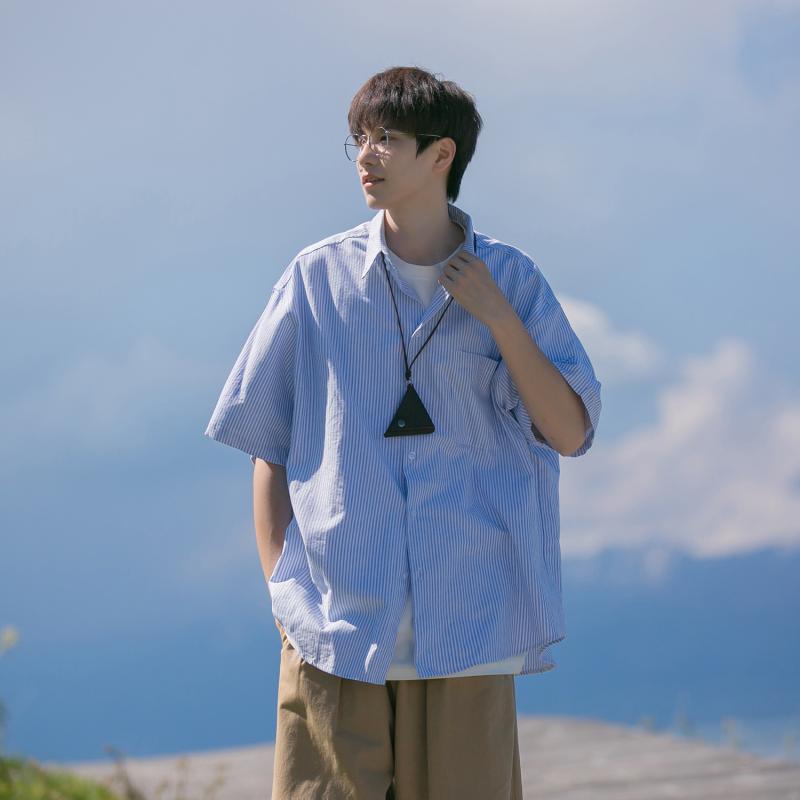 シャツ メンズ 半袖 ブルー ストライプ 接触冷感 日本製 シティボーイ DK 韓国 アウター 感情侶