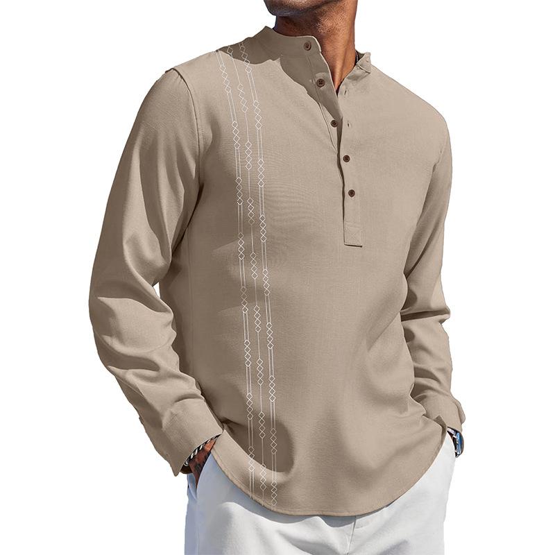 シャツ メンズ 男性用 ヘンリーネック トップス 長袖 コットン リネン プリント柄 アマゾン風 軽熟風