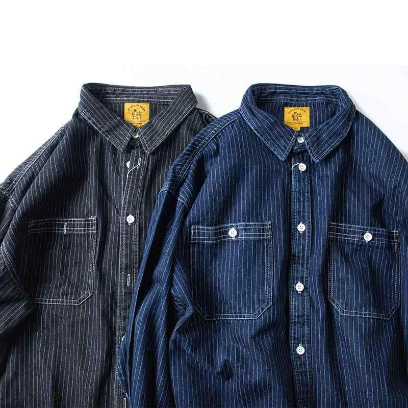 シャツ メンズ 男性用 ワークシャツ デニムシャツ ストライプシャツ 長袖シャツ ネルシャツ コットン 綿 ゆったり ブラック 黒 カジュアル アメカジ 古着風 レトロ 春秋