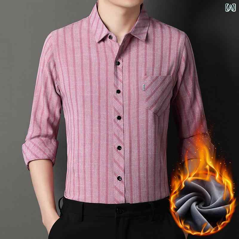 シャツ 男性用 秋冬 ストライプ 真ポケット 裏起毛 コットン リネン 長袖 ミドルエイジ 普段使い カジュアル