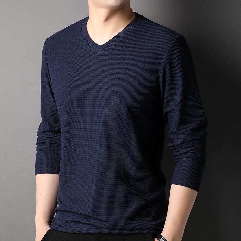 2Tシャツ メンズ 男性用 長袖 ワッフル 接触冷感 Vネック トップス カットソー 桑蚕丝 無地 秋 中若者 普段使い