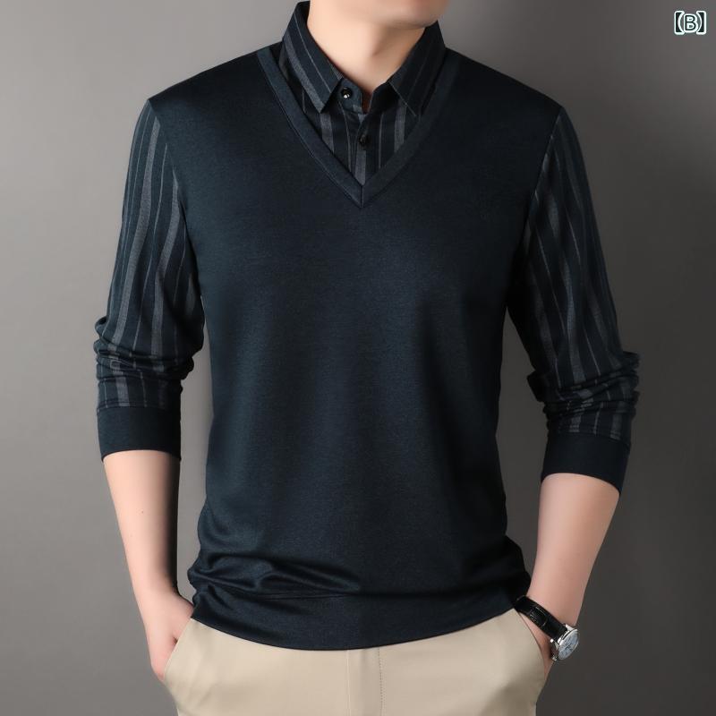 シャツ メンズ 男性用 長袖 Tシャツ ストライプ柄 ポロシャツ風 カットソー トップス シニア 紳士 秋 春 フェイクレイヤード