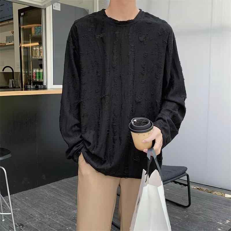 Rakuten - Tシャツ メンズ 長袖 豪華感 ダメージ加工 ルーズフィット トレーナー トップス 丸首 プルオーバー