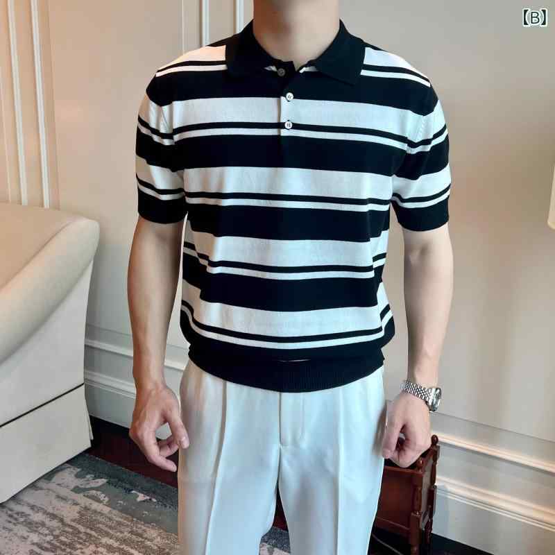 ポロシャツ メンズ 男性用 半袖 ニット トップス ストライプ柄 ビジネス イングリッシュスタイル スリムフィット