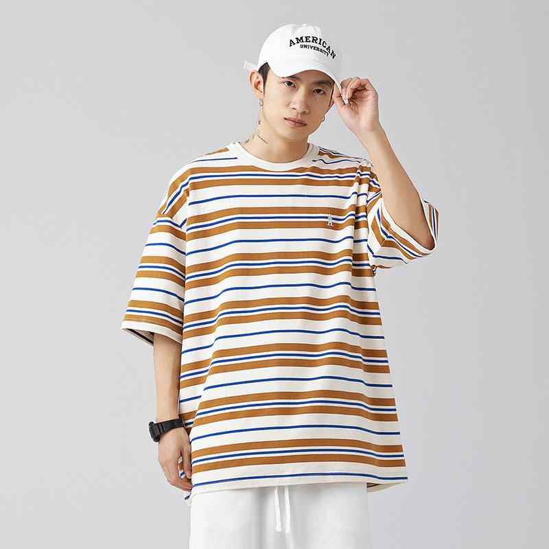 Tシャツ メンズ 男性用 トップス 春夏 潮柄 レトロ 配色 ストライプ柄 ゆったり おしゃれ かわいい 半袖