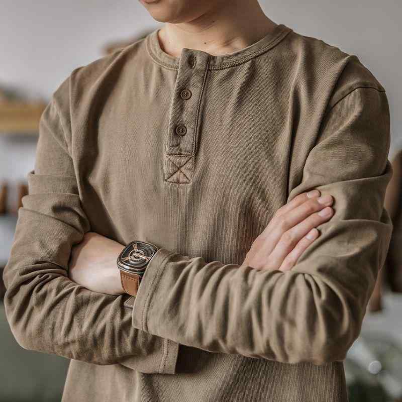 Tシャツ 男性用 春秋物 大码 長袖 トップス カットソー ヘンリーネック レトロ リラックス 普段使い 部屋着