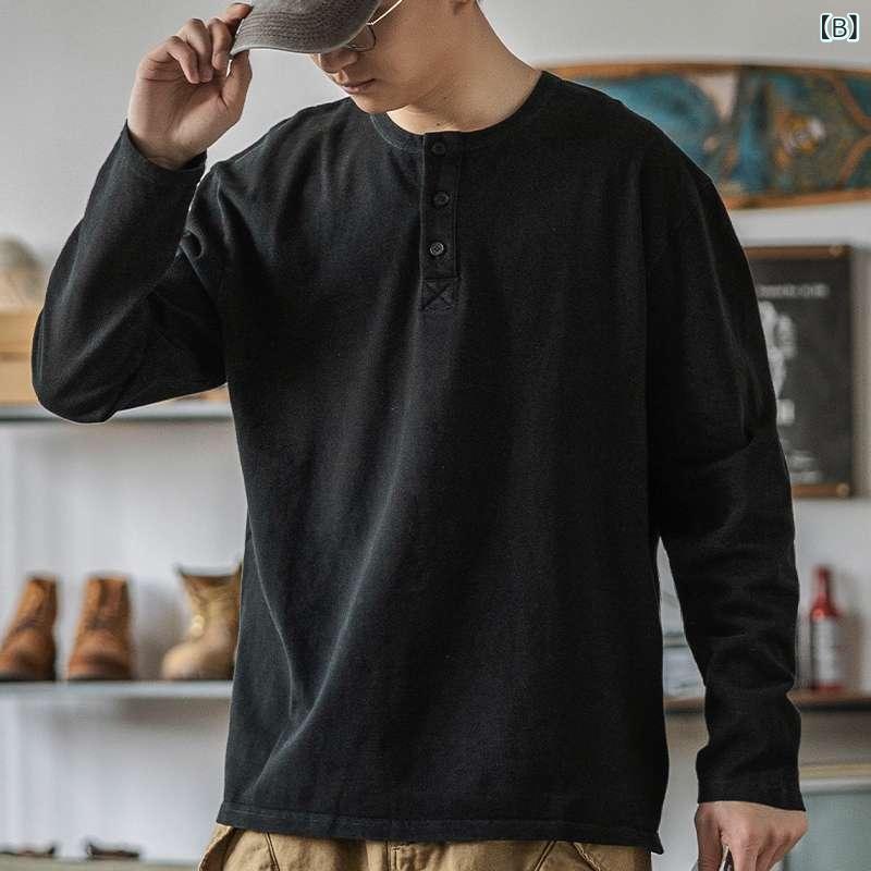 Tシャツ 男性用 春秋物 大码 長袖 トップス カットソー ヘンリーネック レトロ リラックス 普段使い 部屋着 — vista 3