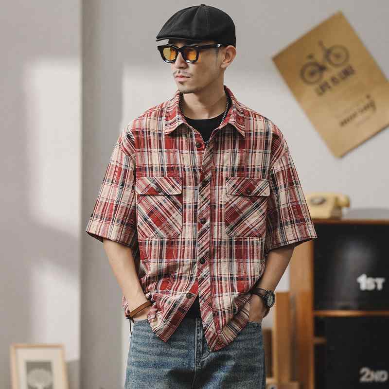 シャツ メンズ 男性用 レトロ 格子柄 半袖 トップス 襟付き カジュアル ゆったり 普段使い