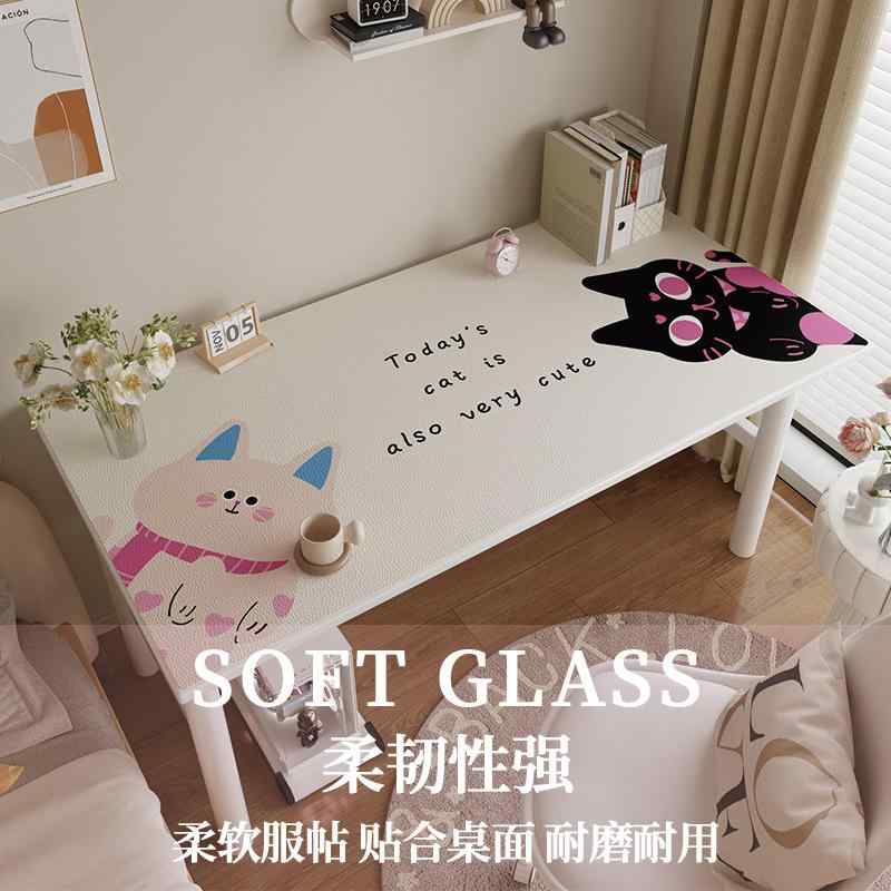 テーブルマット PVC製 防水 防油 耐汚 仿皮革 かわいい猫柄 学習用 ブラック ピンク
