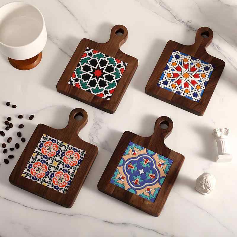 鍋敷き 木製 花柄 タイル 鍋つかみ コースター ポットマット 砂鍋 湯鍋 断熱 防熱