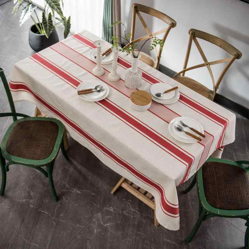 テーブルクロス 色織り 綿麻 布製 長方形 食卓カバー ティーテーブル デスクマット レッドライン