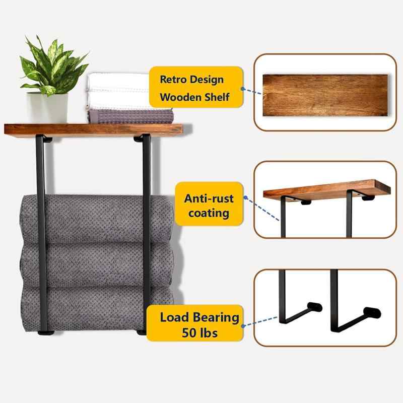 タオルラック 壁掛け 木製棚 メタルフレーム トイレ バスルーム タオル 浴室用タオル収納棚2