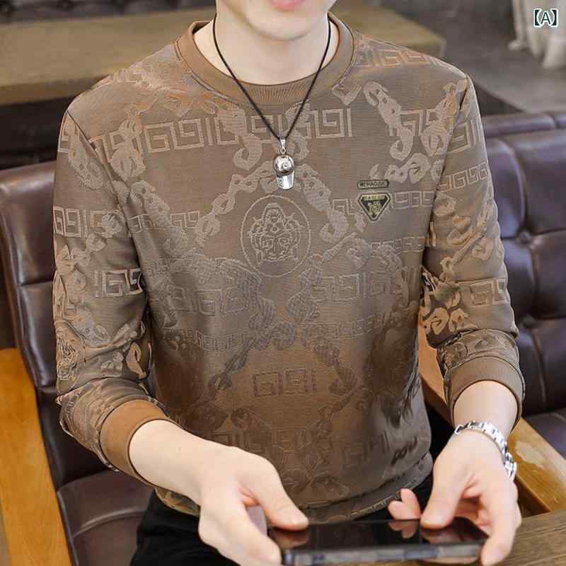 スウェット メンズ 長袖 Tシャツ 豪華感 虎 タイガー ヘッド 提花 秋冬 カジュアル 普段使い インナー・スタイル: 軽熟休闲・图案: 图案・版型: 宽松型・款式: 套头・领型: 圆领・袖丈: 長袖・是否连帽: 不连帽・厚薄: 普通・适合季节: 春秋季・面料名称: 聚酯纤维・主な素材: 聚酯繊維91-95%・适用场景: 休闲・款式细节: 提花・印花主题: 几何图案・工艺: 提花・カラー: カーキ, 墨グリーン, ブラック, ホワイト・サイズ: M, L, XL, XXL, XXXL, XXXXL, XXXXXL・袖型: 常规・克重: 約180-250g・材质功能: 防皱, 吸湿排汗・适用年齢: 成人・适用性别: 男・製品カテゴリー: Tシャツ