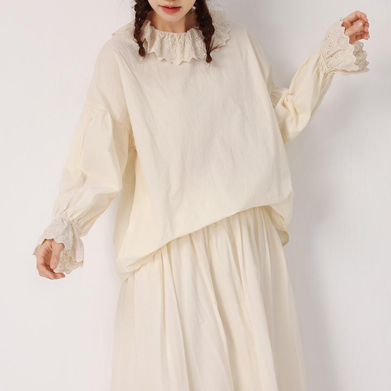 シャツ レディース 長袖 春 森ガール 刺繡 花柄 レース襟 ゆったり チュニック トップス かわいい ブラウス