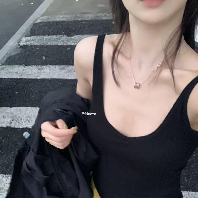 タンクトップ レディース ブラ付き キャミソール スリムフィット Uネック ノースリーブ トップス インナー 接触冷感2