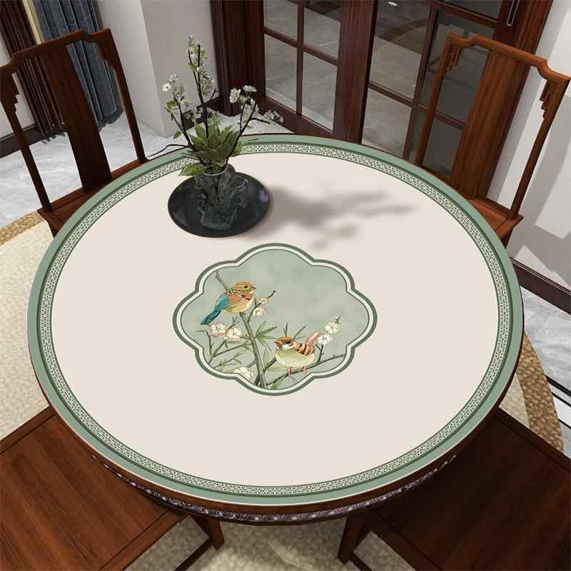 テーブルマット 円形 防水 防油 防熱 カット可能 花鳥柄 レザー 和風 禅意