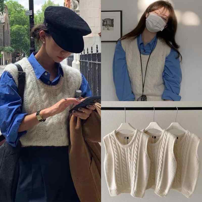ニット レディース ベスト 丸首 ノースリーブ ケーブル編み レイヤード 重ね着 ゆったり かわいい カジュアル 普段使い あったか 秋冬