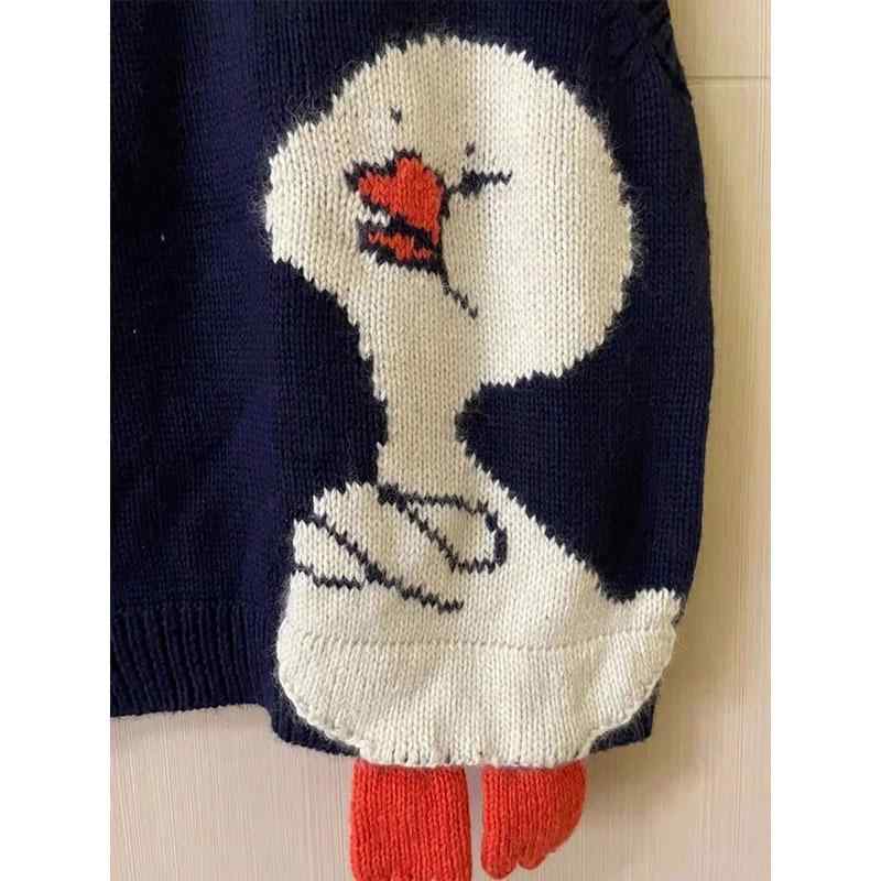 ニット レディース カーディガン ゆったり かわいい アヒル柄 秋冬 レトロ ブラック トップス 通勤 着回し