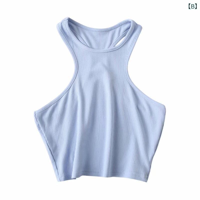 タンクトップ レディース ノースリーブ トップス ラウンドネック ショート丈 ストレッチ ハイウエスト リブ 無地 春夏