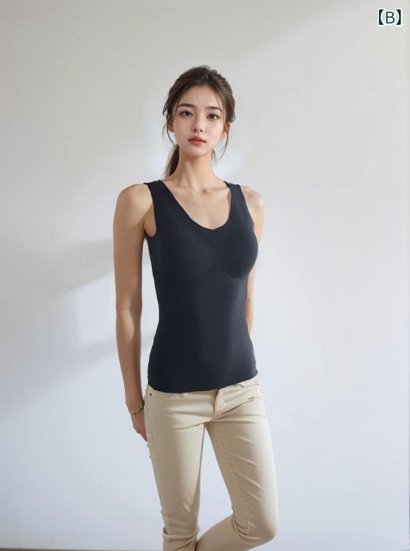 ベスト レディース ウール あったかインナー ブラパッド付き 三層構造 固定カップ 馬甲 女性用 防寒 無縫製 秋冬