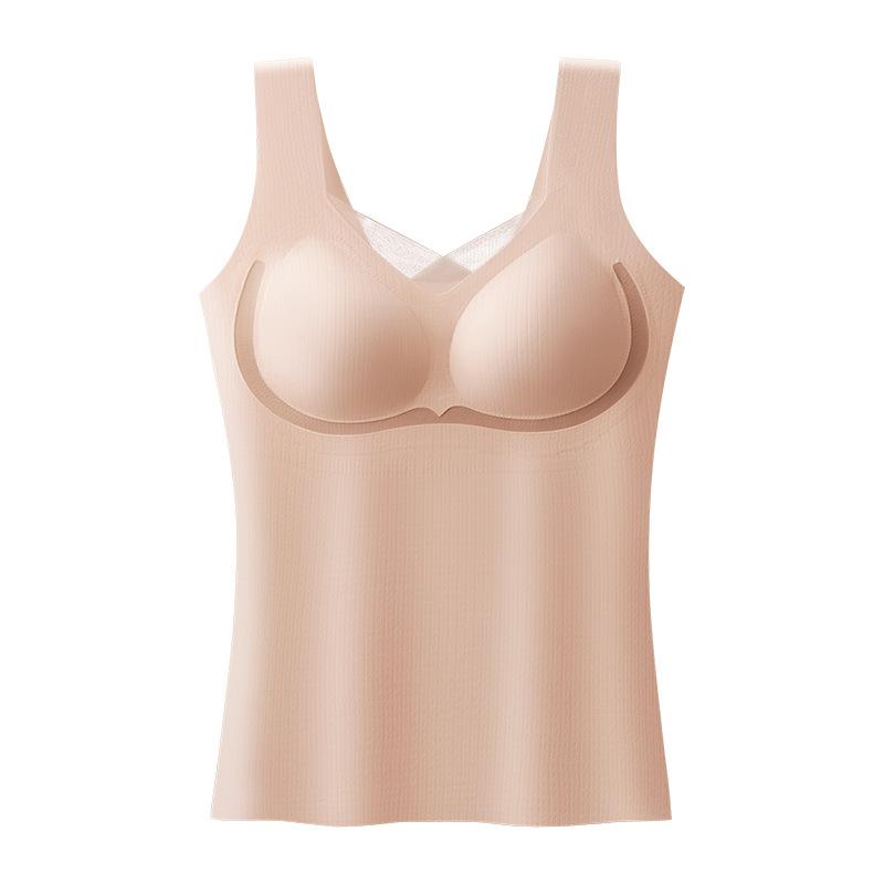 タンクトップ レディース 胸パッド付き ノンワイヤーブラ 無縫製 インナー レース 美背 薄手 春夏