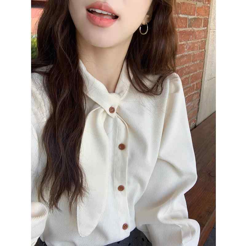 シャツ レディース 秋冬 韓国 かわいい 襟付き トップス ブラウス コーデュロイ パフスリーブ ランタンスリーブ ゆったり 2
