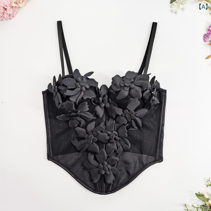 キャミソール レディース 女性用 立体 花柄 網 チュール ネット メッシュ ノースリーブ インナー トップス ビスチェ コルセット セクシー ランジェリー 大人かわいい おしゃれ 重ね着 普段使い sofapotato-10561578 ソファポテト サンプル画像2