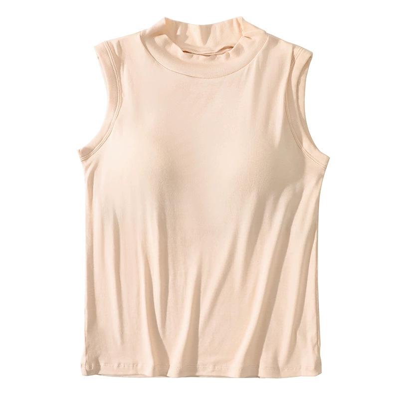 タンクトップ レディース ブラトップ付き ノースリーブ ハイネック インナー 胸パッド付き 脇高 無地 肌着 トップス