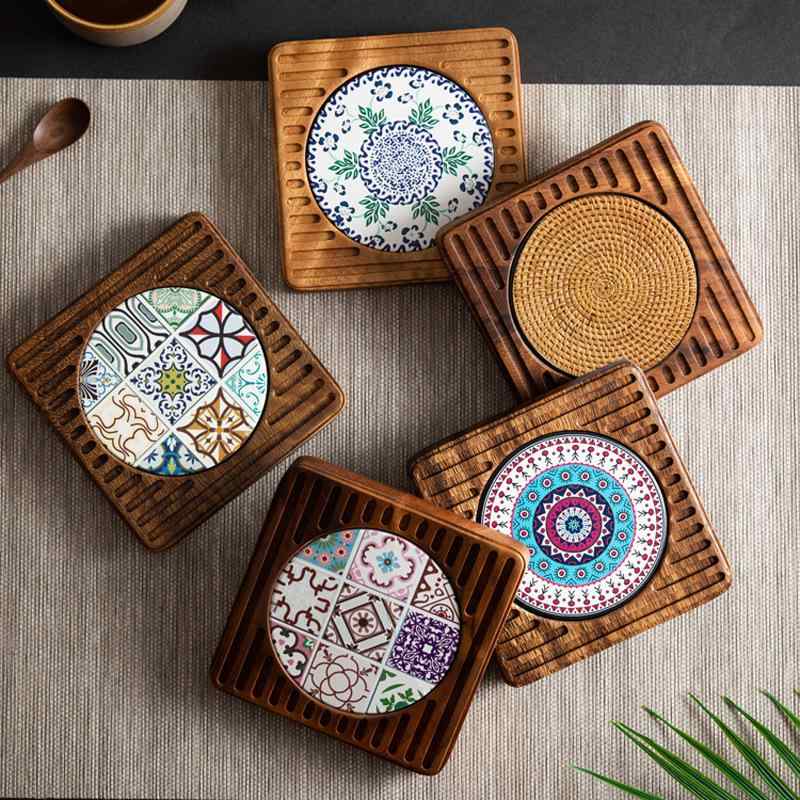 茶托 茶杯 胡桃木 木製 珪藻土 吸水 コースター 茶盤 茶具