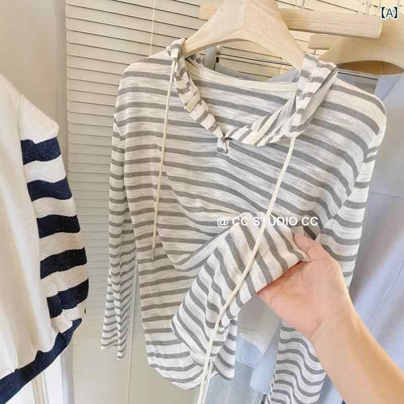 カーディガン レディース 薄手 長袖 ストライプ パーカー 春夏 接触冷感 伸縮性 ゆったり 冷房対策 普段使い 韓国