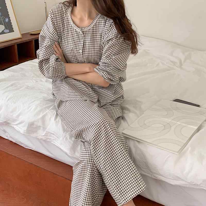 シャツ レディース パジャマ 綿 格子柄 トップス パンツ ルームウェア 韓国 かわいい 小柄 ラウンドネック 部屋着